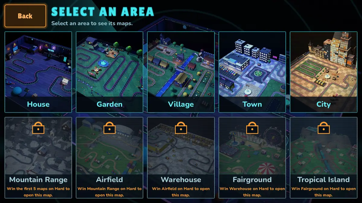 Toyfall: the screen to select one of 10 maps