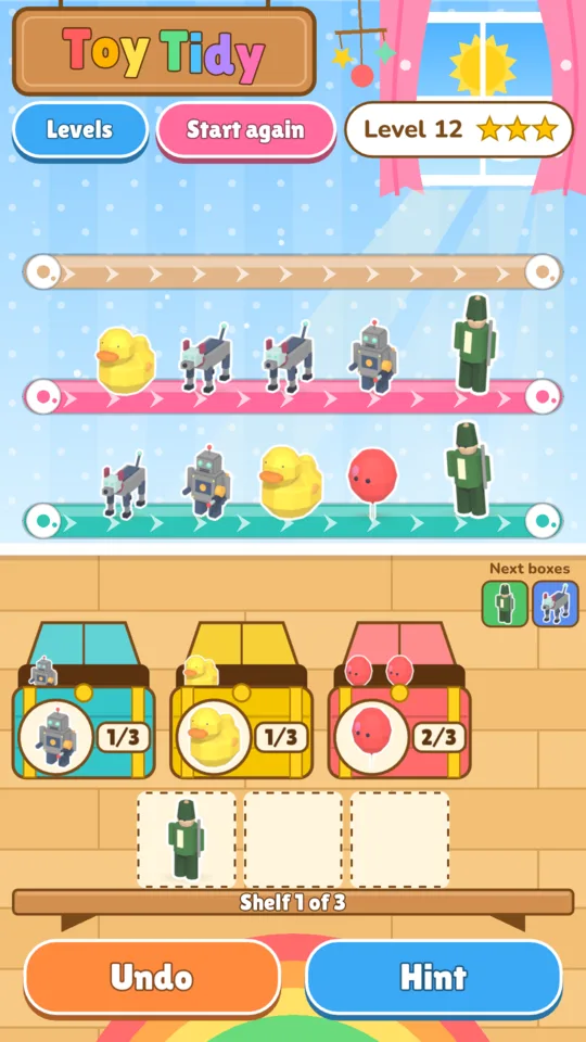 Toy Tidy: toys on belts and boxes in level 12