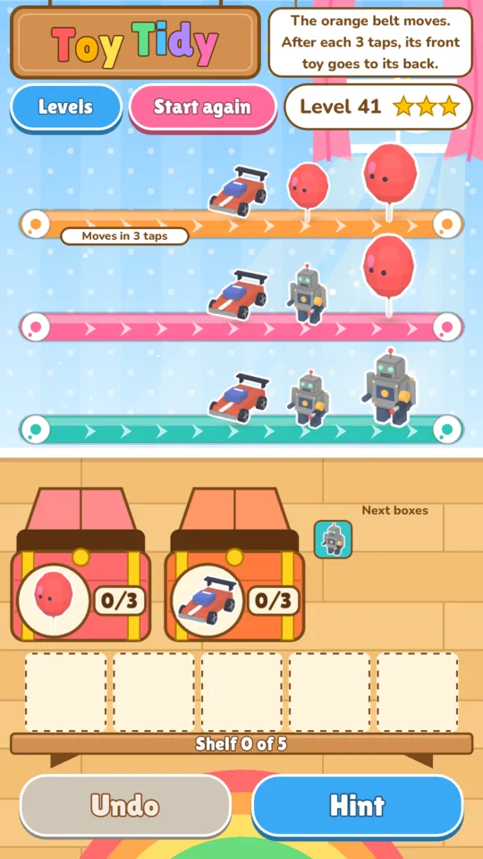 Toy Tidy: the belt that moves, in level 41